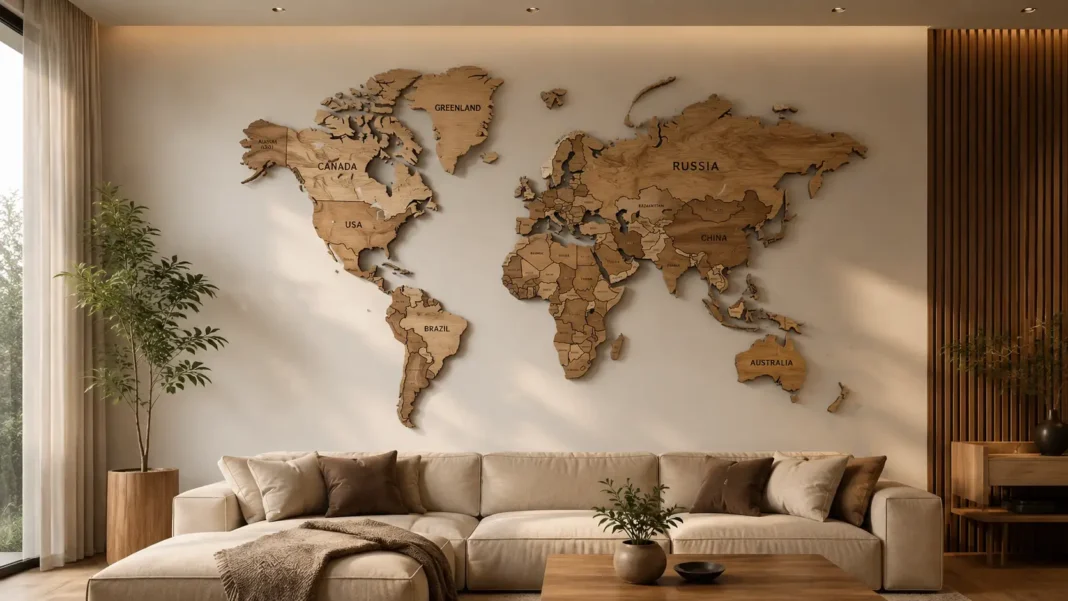 3D wooden world map wall art displayed in a modern luxury living room with warm lighting and minimalist Scandinavian interior design.