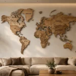 3D Wooden World Map for Wall Art Ideas & Design 3D wooden world map wall art displayed in a modern luxury living room with warm lighting and minimalist Scandinavian interior design.