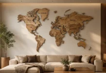 3D Wooden World Map for Wall Art Ideas & Design 3D wooden world map wall art displayed in a modern luxury living room with warm lighting and minimalist Scandinavian interior design.