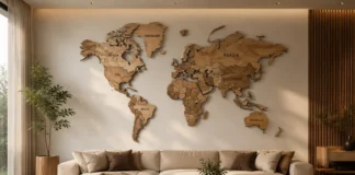 3D wooden world map wall art displayed in a modern luxury living room with warm lighting and minimalist Scandinavian interior design.