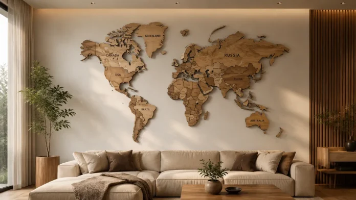 3D wooden world map wall art displayed in a modern luxury living room with warm lighting and minimalist Scandinavian interior design.