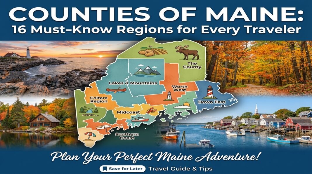 Aerial view of Maine's rocky coastline at sunset showcasing the diverse geography of the counties of Maine Aerial view of Maine's rocky coastline at sunset showcasing the diverse geography of the counties of Maine
