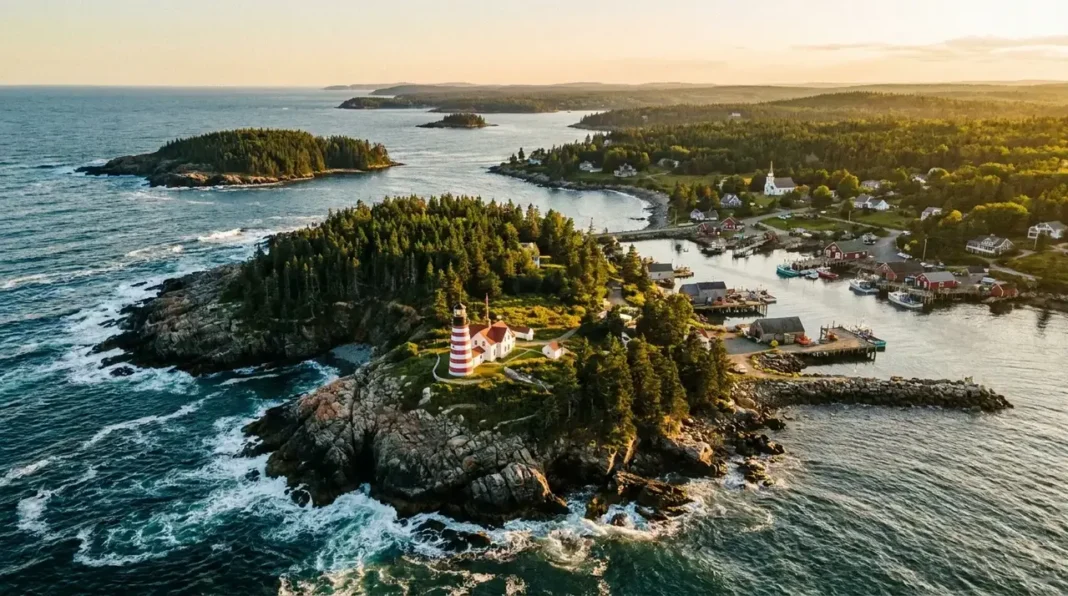 Aerial view of Maine's rocky coastline at sunset showcasing the diverse geography of the counties of Maine Aerial view of Maine's rocky coastline at sunset showcasing the diverse geography of the counties of Maine