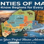 Aerial view of Maine's rocky coastline at sunset showcasing the diverse geography of the counties of Maine