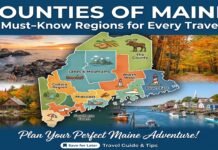 Counties of Maine: 16 Must-Know Regions for Every Traveler Aerial view of Maine's rocky coastline at sunset showcasing the diverse geography of the counties of Maine