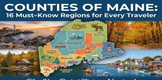Counties of Maine: 16 Must-Know Regions for Every Traveler Aerial view of Maine's rocky coastline at sunset showcasing the diverse geography of the counties of Maine