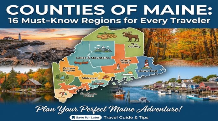 Aerial view of Maine's rocky coastline at sunset showcasing the diverse geography of the counties of Maine