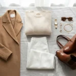 Beige brown and white modern fashion wardrobe with neutral clothing and elegant accessories styled in a minimalist luxury aesthetic.