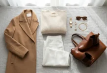 Beige Brown and White Modern Fashion Style Guide Beige brown and white modern fashion wardrobe with neutral clothing and elegant accessories styled in a minimalist luxury aesthetic.
