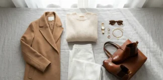 Beige brown and white modern fashion wardrobe with neutral clothing and elegant accessories styled in a minimalist luxury aesthetic.
