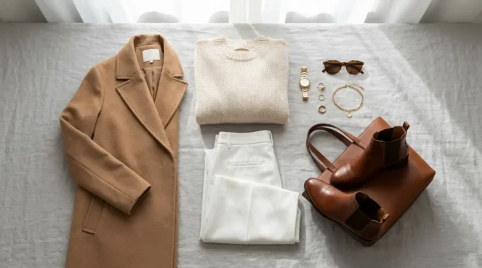 Beige brown and white modern fashion wardrobe with neutral clothing and elegant accessories styled in a minimalist luxury aesthetic.