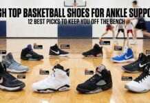 Best high top basketball shoes for ankle support displayed on a hardwood court