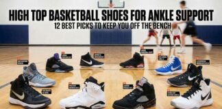Best high top basketball shoes for ankle support displayed on a hardwood court