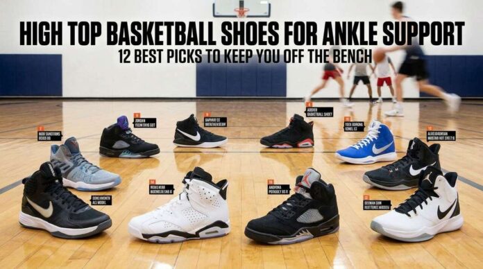 Best high top basketball shoes for ankle support displayed on a hardwood court