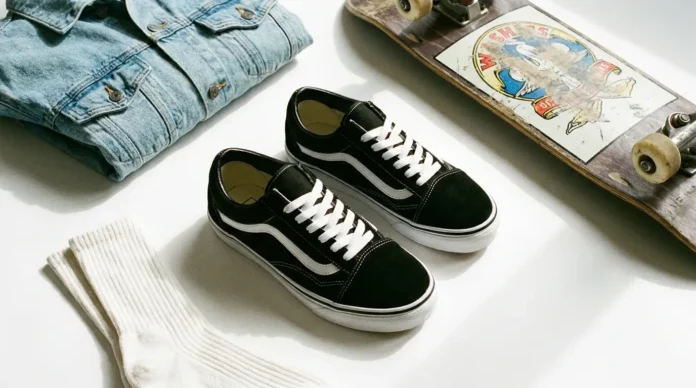 Black Vans Old Skool shoes styled with denim and skateboard accessories on white background