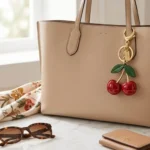 Coach cherry charm attached to a designer handbag with red cherry details and gold hardware.