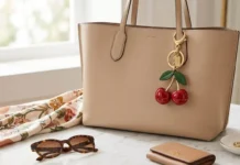 Coach cherry charm attached to a designer handbag with red cherry details and gold hardware.