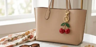 Coach cherry charm attached to a designer handbag with red cherry details and gold hardware.