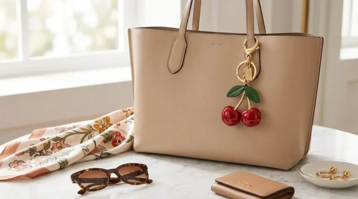 Coach cherry charm attached to a designer handbag with red cherry details and gold hardware.