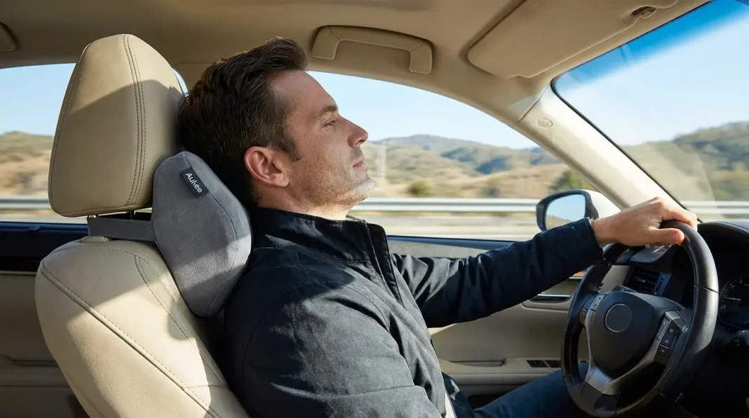 Driver using Aukee memory foam car neck pillow in a modern car seat during a comfortable road trip, showing ergonomic neck support and relaxed driving posture.