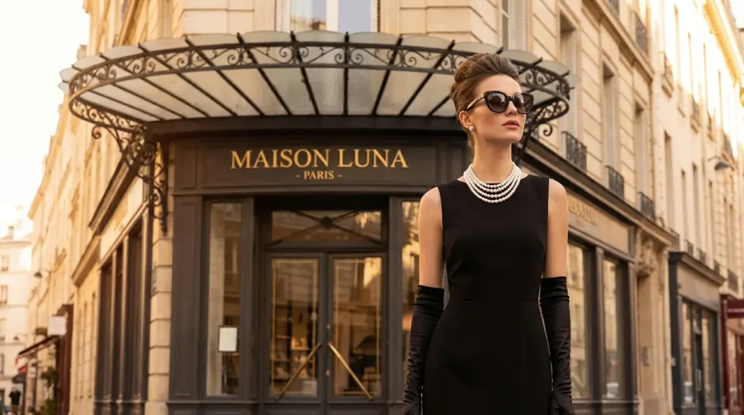 Elegant -inspired Audrey Hepburn looks look with black dress, pearls, gloves, and oversized sunglasses.