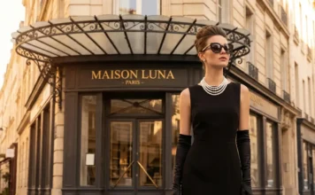 Elegant -inspired Audrey Hepburn looks look with black dress, pearls, gloves, and oversized sunglasses.