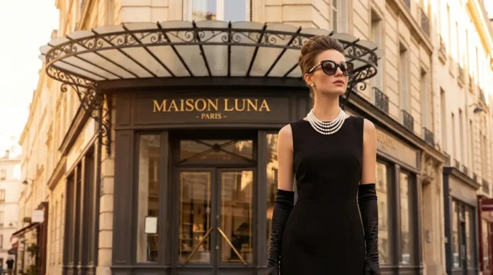 Elegant -inspired Audrey Hepburn looks look with black dress, pearls, gloves, and oversized sunglasses.