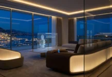 Futuristic luxury smart home with holographic AI concierge and wearable tech showing agentic AI assistants managing lifestyle, travel, and wellness automatically.