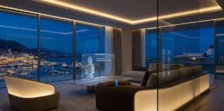 Futuristic luxury smart home with holographic AI concierge and wearable tech showing agentic AI assistants managing lifestyle, travel, and wellness automatically.