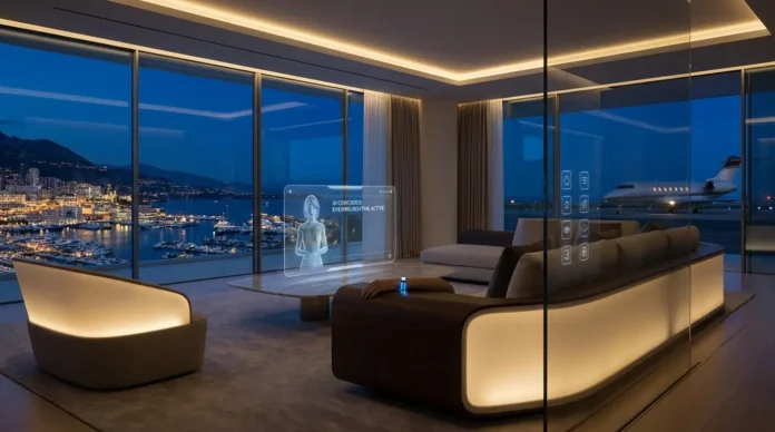 Futuristic luxury smart home with holographic AI concierge and wearable tech showing agentic AI assistants managing lifestyle, travel, and wellness automatically.