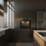 Futuristic smart kitchen featuring AI appliances, smart fridge, and energy-efficient modern home technology in a sleek luxury interior design