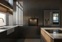 Appliance Trends: Smart Home Innovations Futuristic smart kitchen featuring AI appliances, smart fridge, and energy-efficient modern home technology in a sleek luxury interior design