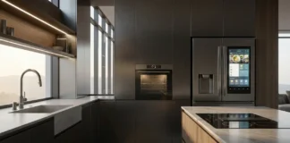 Futuristic smart kitchen featuring AI appliances, smart fridge, and energy-efficient modern home technology in a sleek luxury interior design
