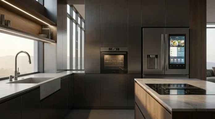 Futuristic smart kitchen featuring AI appliances, smart fridge, and energy-efficient modern home technology in a sleek luxury interior design