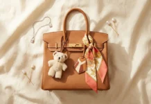Luxury Bag Charms and Hyper-Personalization Guide 2026 Hermès Birkin 30 styled with stacked luxury bag charms including leather marquetry pendant, shearling bear charm, and vintage silk twilly — hyper-personalization trend 2026