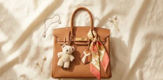 Hermès Birkin 30 styled with stacked luxury bag charms including leather marquetry pendant, shearling bear charm, and vintage silk twilly — hyper-personalization trend 2026