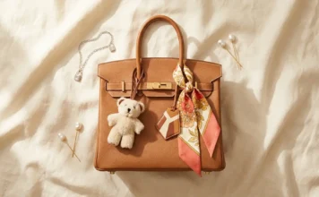 Hermès Birkin 30 styled with stacked luxury bag charms including leather marquetry pendant, shearling bear charm, and vintage silk twilly — hyper-personalization trend 2026