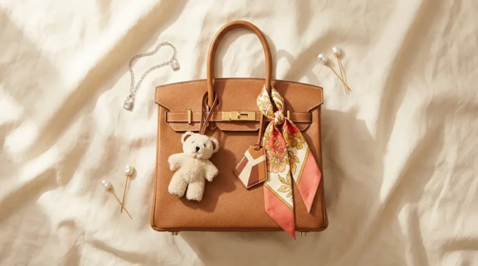 Hermès Birkin 30 styled with stacked luxury bag charms including leather marquetry pendant, shearling bear charm, and vintage silk twilly — hyper-personalization trend 2026