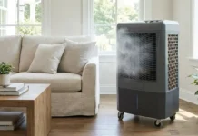 Hessaire MC37M portable evaporative cooler cooling a modern outdoor patio in summer
