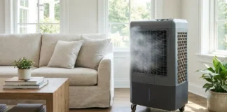 Hessaire MC37M portable evaporative cooler cooling a modern outdoor patio in summer