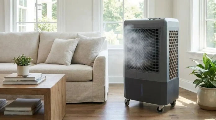 Hessaire MC37M portable evaporative cooler cooling a modern outdoor patio in summer