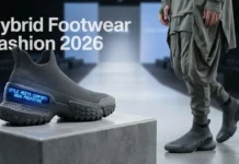 Hybrid footwear fashion 2026 featuring sneaker-loafers, technical heels, and sustainable stylish shoes blending fashion with performance.