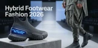 Hybrid footwear fashion 2026 featuring sneaker-loafers, technical heels, and sustainable stylish shoes blending fashion with performance.