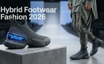 Hybrid footwear fashion 2026 featuring sneaker-loafers, technical heels, and sustainable stylish shoes blending fashion with performance.