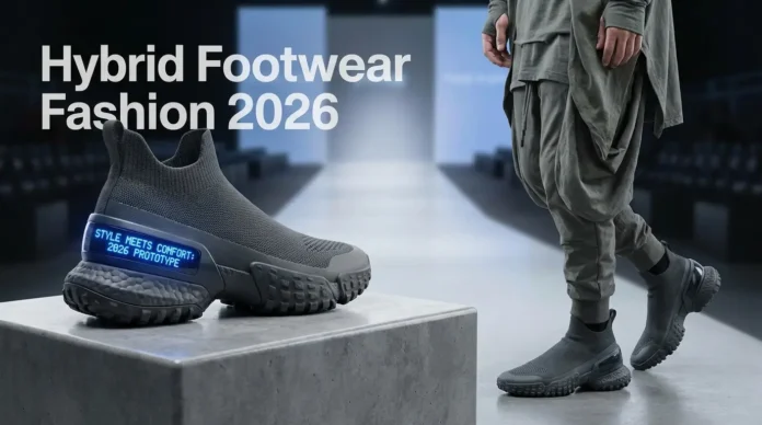 Hybrid footwear fashion 2026 featuring sneaker-loafers, technical heels, and sustainable stylish shoes blending fashion with performance.