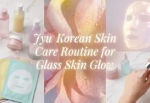 Jyu Korean Skin Care Routine for Glass Skin Glow Jyu Korean Skin Care Routine with glass bottles, natural ingredients, and glowing spa aesthetic
