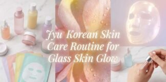 Jyu Korean Skin Care Routine for Glass Skin Glow Jyu Korean Skin Care Routine with glass bottles, natural ingredients, and glowing spa aesthetic