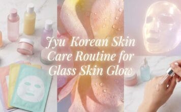 Jyu Korean Skin Care Routine for Glass Skin Glow Jyu Korean Skin Care Routine with glass bottles, natural ingredients, and glowing spa aesthetic