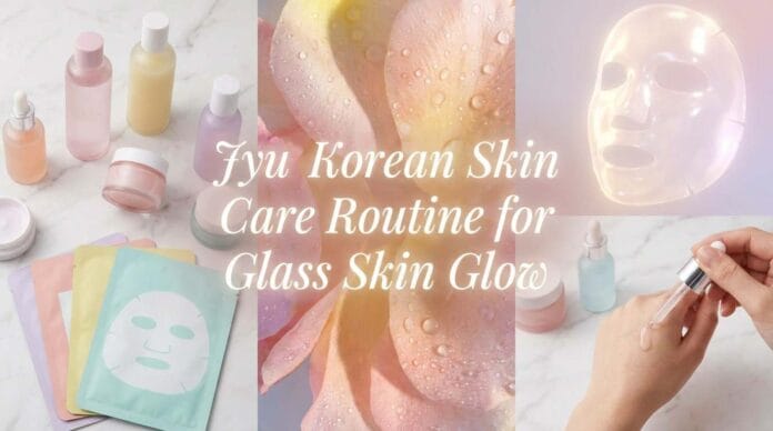 Jyu Korean Skin Care Routine with glass bottles, natural ingredients, and glowing spa aesthetic