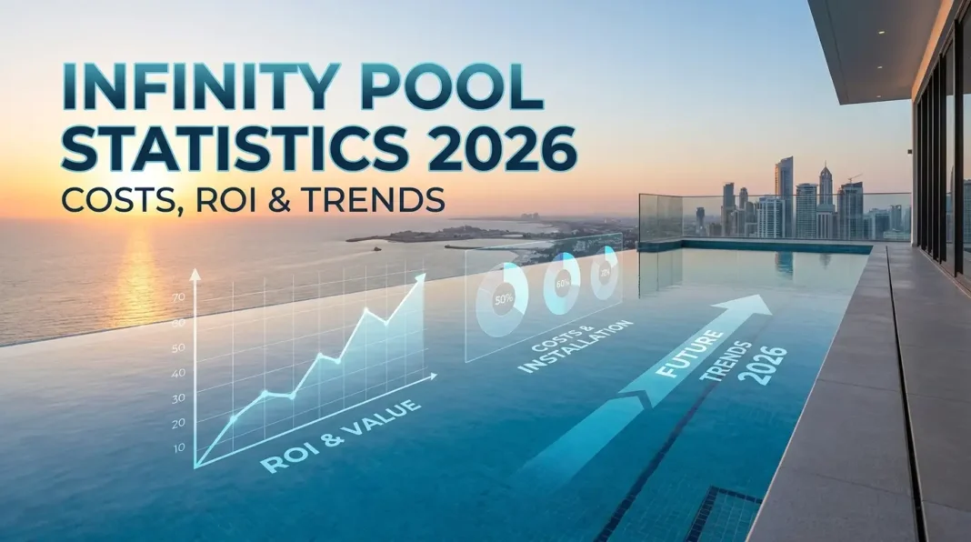 Luxury infinity pool with vanishing edge overlooking ocean at sunset, modern villa and resort-style design in cinematic lighting. Luxury Infinity Pool Statistics with vanishing edge overlooking ocean at sunset, modern villa and resort-style design in cinematic lighting.